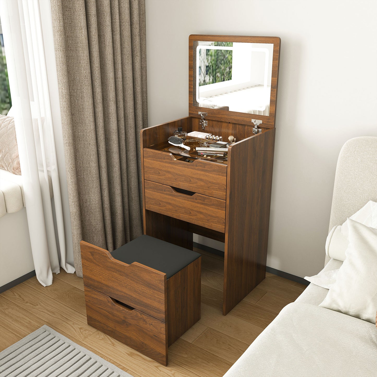 3-in-1 Vanity Desk with Lighted Mirror & Stool, Flip Top Makeup Dressing Table, Compact Storage for Bedroom, Bathroom, Dressing Room(18.9'L, Walnut)