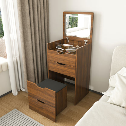 3-in-1 Vanity Desk with Lighted Mirror & Stool, Flip Top Makeup Dressing Table, Compact Storage for Bedroom, Bathroom, Dressing Room(18.9'L, Walnut)