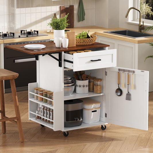 K&K 39.3' Farmhouse Kitchen Island with Drop Leaf, Kitchen Storage Island with Open Side Rack, One Drawer, Towel Rack, Rolling Kitchen Cart with Lockable Wheels for Lawn Garden, White