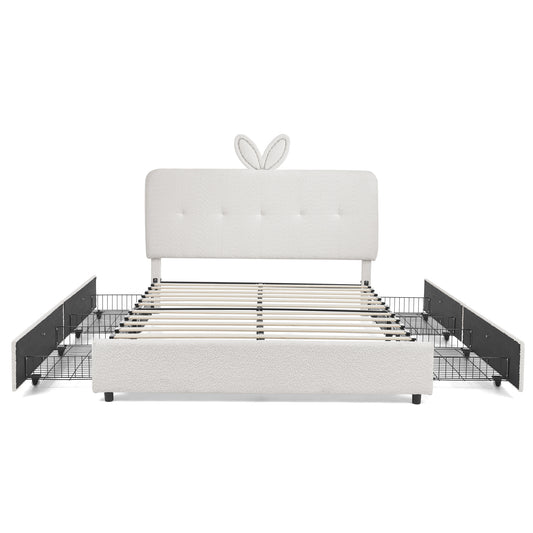 Kids Full Size Upholstered Bed with Oversized Rabbit Ear Headboard, LED Lights & 4 Storage Drawers in Beige Boucle Fabric, 79.5''X55.75''X41''