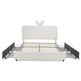 Kids Full Size Upholstered Bed with Oversized Rabbit Ear Headboard, LED Lights & 4 Storage Drawers in Beige Boucle Fabric, 79.5''X55.75''X41''