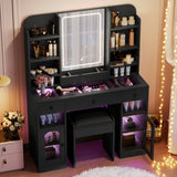 43.2' Vanity Desk with LED Mirror and Lights, Glass Top Vanity with RGB Glass Light Cabinets, Dressing Table with 3 Drawers ,Storage Shelves and Stool for Bedroom, Black