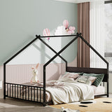 Full Size House Bed with Roof and Colorful Lights, Metal Bed Frame with Slats and Legs, House Bed for Boy, Girls and Young Teens, No Box Spring Needed,Black.