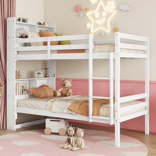 Twin Over Twin Bunk Bed with Shelves , Rubber Wood Bed with Shelves Headboard, Safety Guardrails and Ladder, Convertible to 2 Beds,White