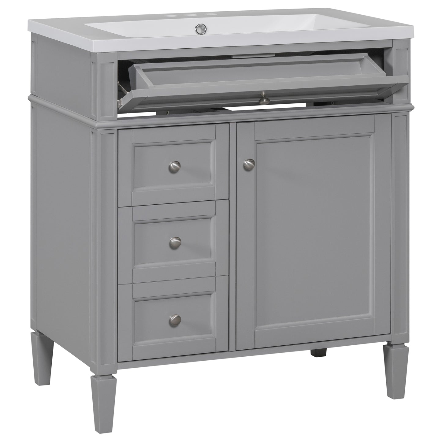 Modern Grey Bathroom Vanity with Resin Top Sink, 2 Drawers and Tip-out Drawer, MDF Cabinet Storage Unit (30'' x 18'' x 33'')