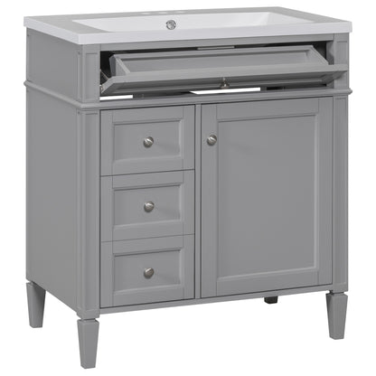 Modern Grey Bathroom Vanity with Resin Top Sink, 2 Drawers and Tip-out Drawer, MDF Cabinet Storage Unit (30'' x 18'' x 33'')
