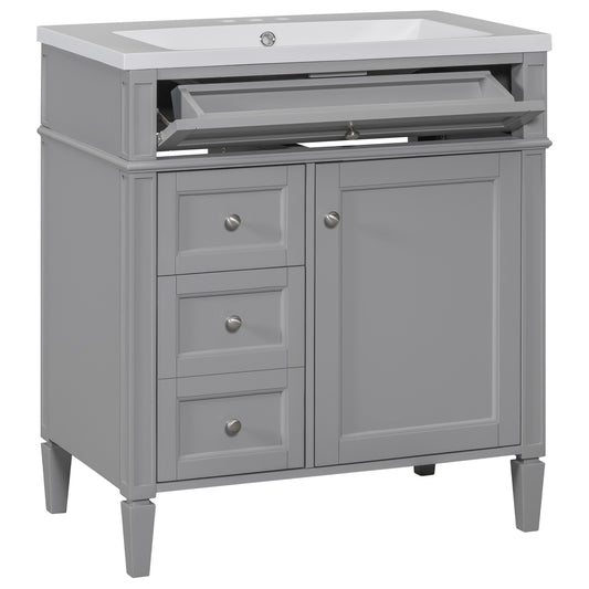 Modern Grey Bathroom Vanity with Resin Top Sink, 2 Drawers and Tip-out Drawer, MDF Cabinet Storage Unit (30'' x 18'' x 33'')