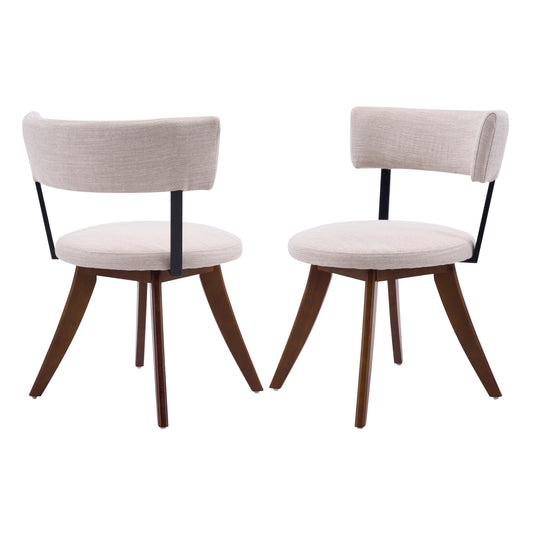 Modern Upholstered Dining Chairs with Curved Back, Beige Fabric & Walnut Rubber Wood Base, Set of 2