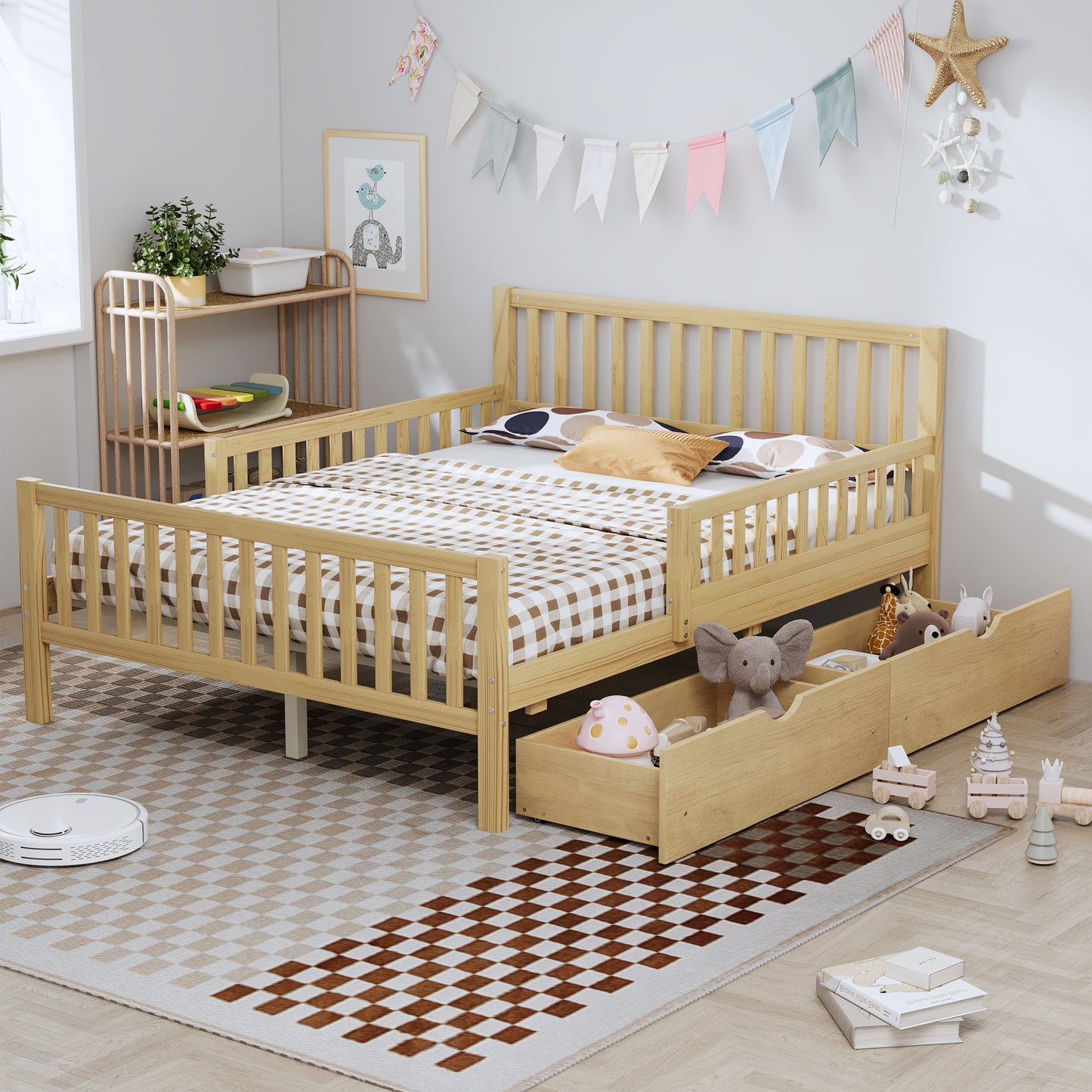 Full Size Wood Platform Bed with Guardrails on Both Sides and Two Storage Drawers ,Natural