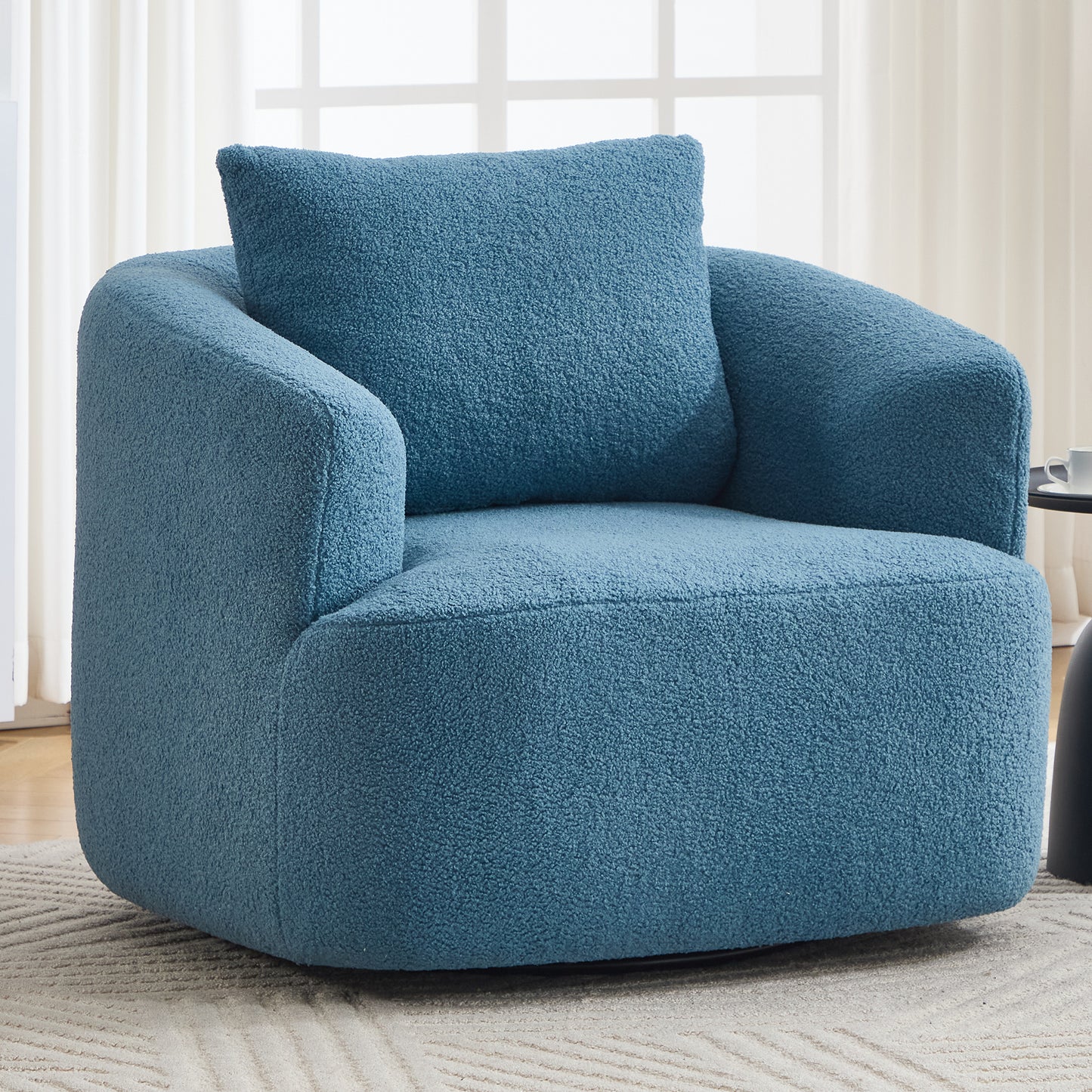 360° Swivel Round Upholstered Comfy Chair With One Soft Pillow, Teddy Fleece High-Resilience Sponge Single Sofa, No Assembly for Living Room, Bedroom, Apartment, Blue