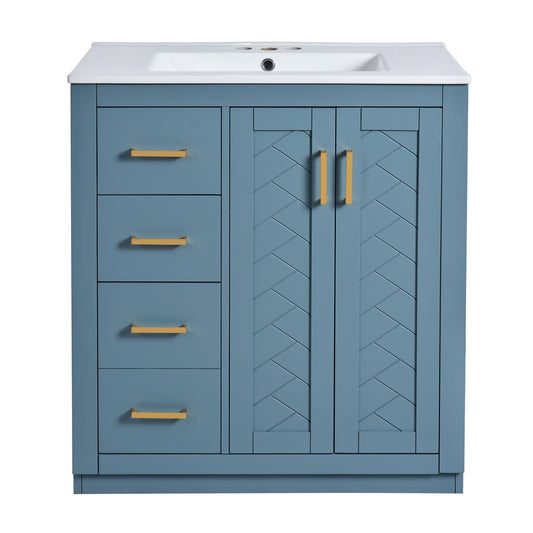 Indigo Modern 30'' Bathroom Vanity with Ceramic Sink, Solid Wood Frame Storage Cabinet, Freestanding Set with 3 Drawers & Soft-Closing Doors