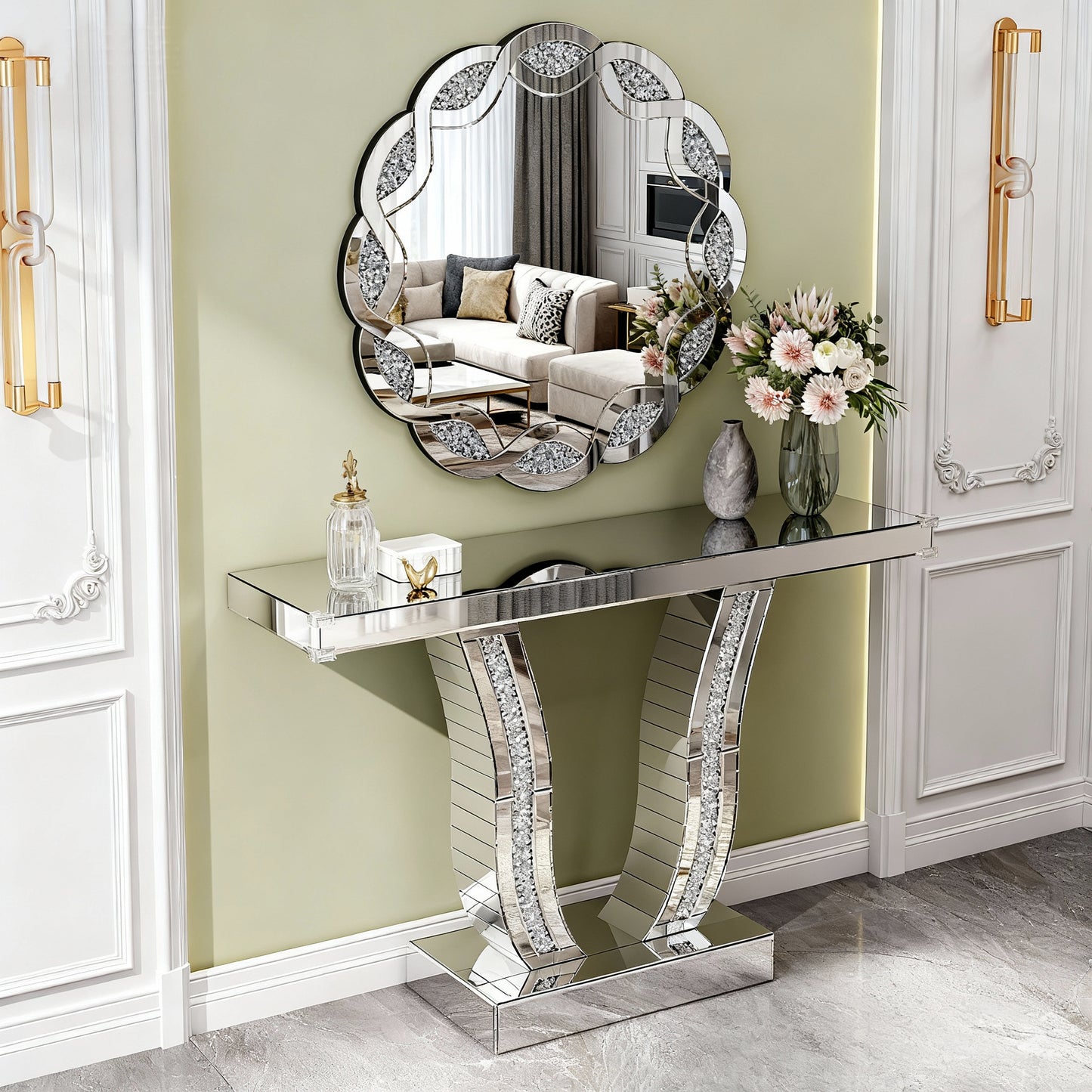 43 Inch Mirrored Console Table, Modern Silver Entryway Sofa Table with Curved Stone-Inlaid Legs, Silver Glam Entryway Table for Living Room, Modern Luxury Accent Table, Hallway Foyer Table