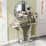 43 Inch Mirrored Console Table, Modern Silver Entryway Sofa Table with Curved Stone-Inlaid Legs, Silver Glam Entryway Table for Living Room, Modern Luxury Accent Table, Hallway Foyer Table