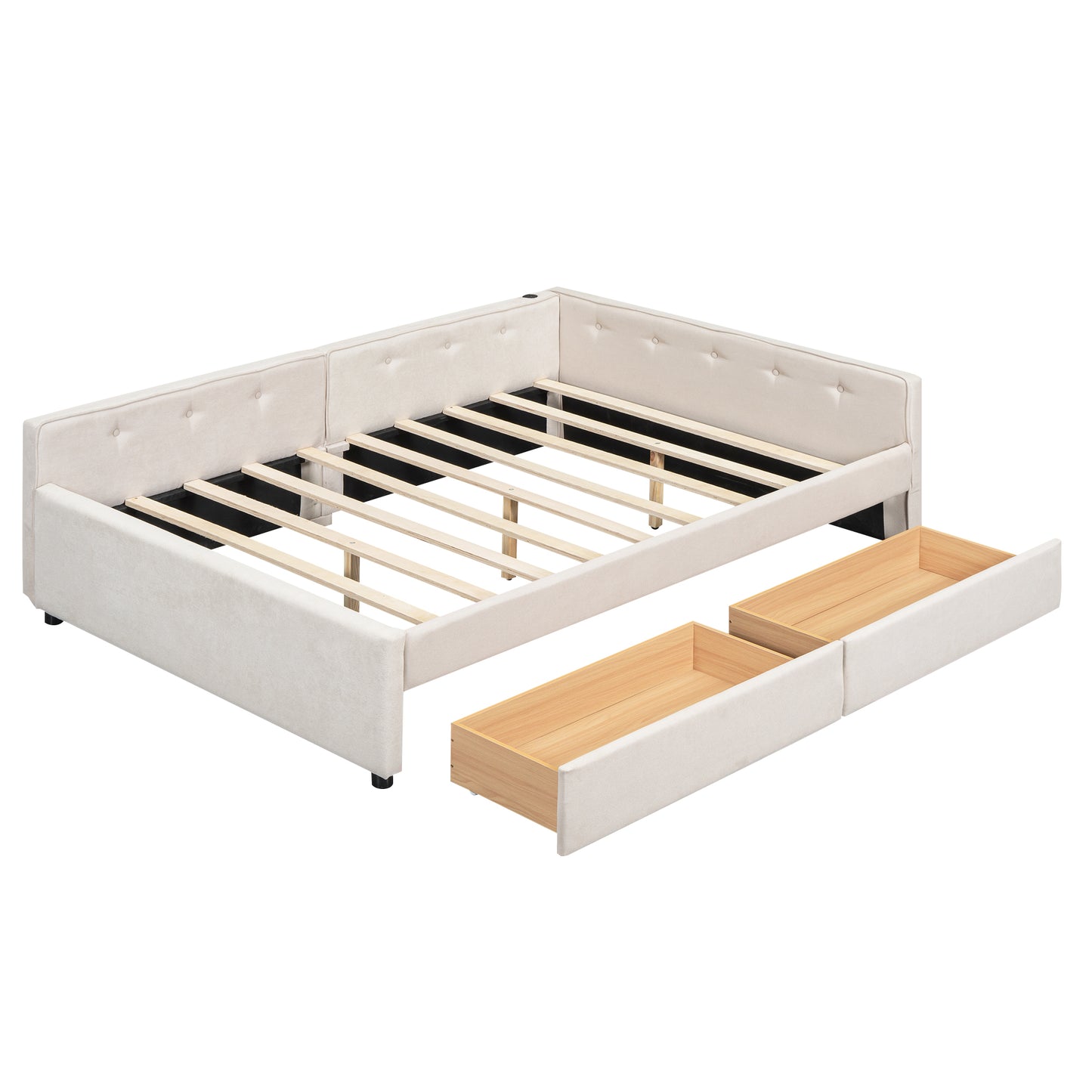 Beige Upholstered Platform Bed with USB Ports and Storage Drawers, Full Size