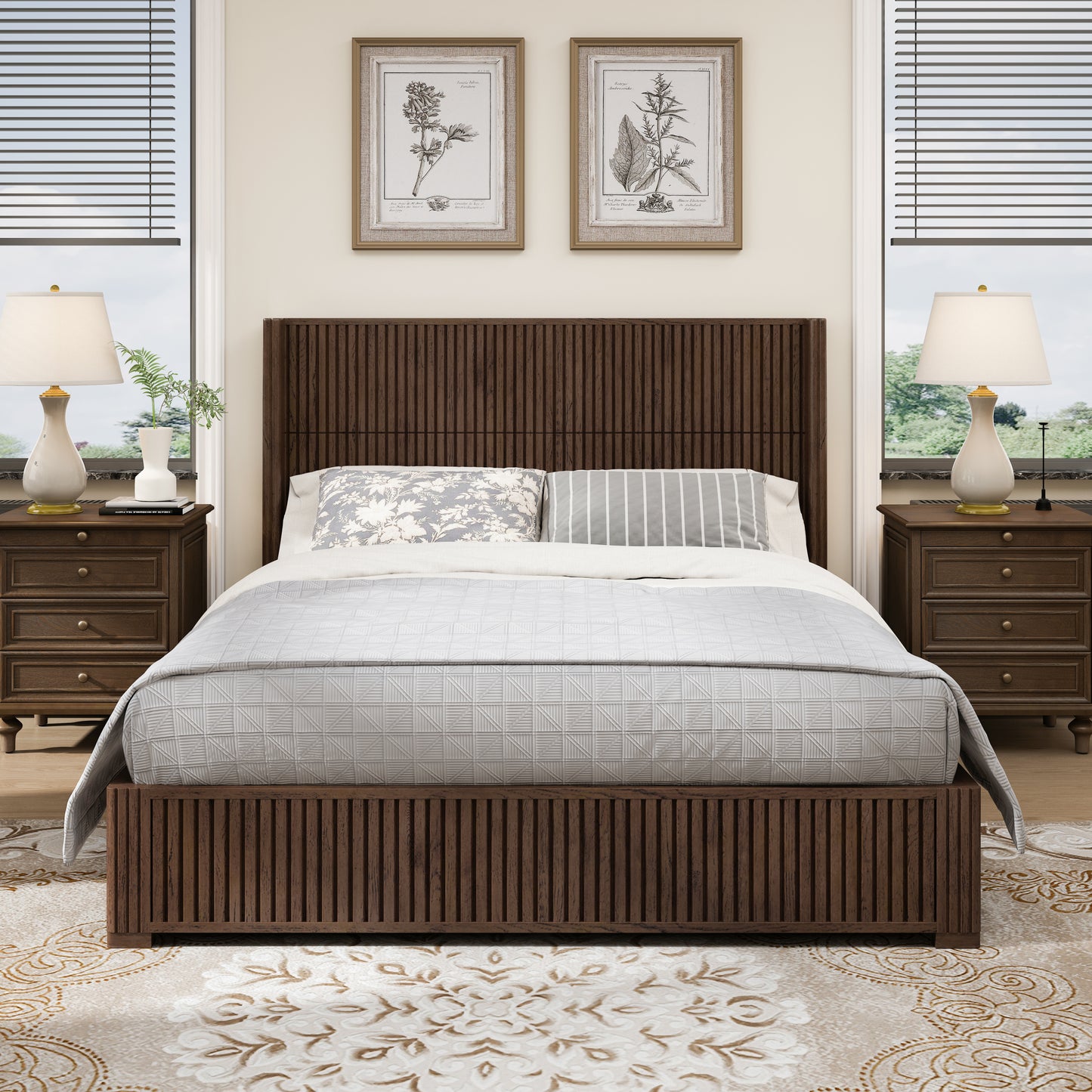 Solid Wood Platform Bed Frame with Headboard, No Box Spring Needed, Floor-standing bed, Easy Assembly, Queen Size, Walnut
