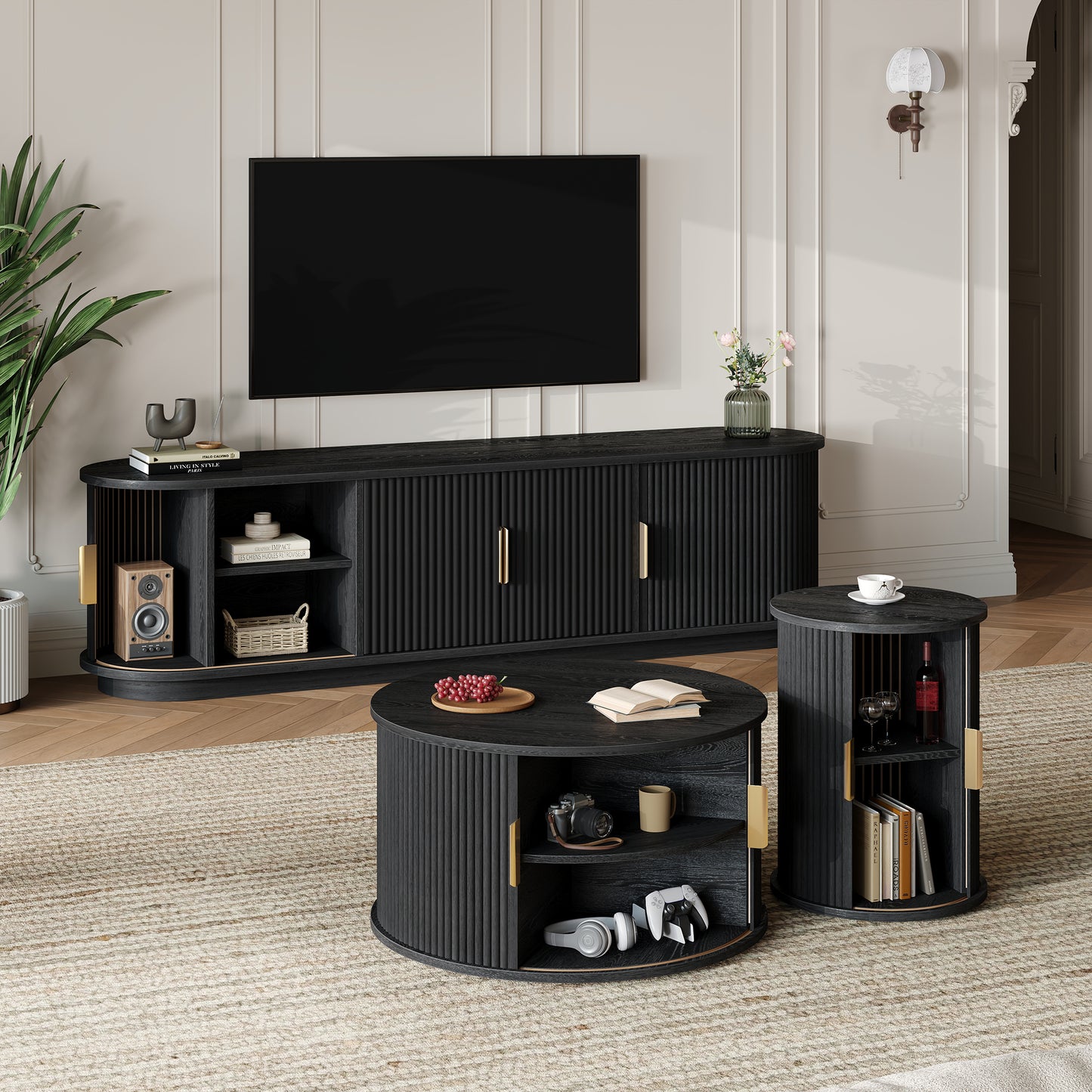 [Assembly Video] Wooden TV Stand & Coffee Table Set with Fluted Sliding Doors for TVs up to 75', Golden Handles Media Console with Cable hole, Farmhouse Round Center Table for Living Room, Black