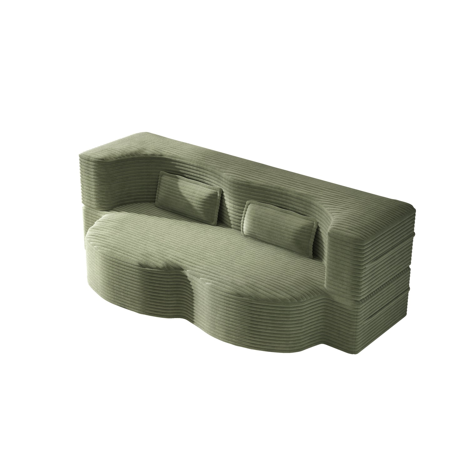 Modern Floor Sofa with 2 Pillows,Convertible Corduroy Fabric Foam-Filled Sleeper Sofa Bed,15' Twin Size Folding Mattress for Living Room,Guest Bed,Playroom,no assembly required, Green
