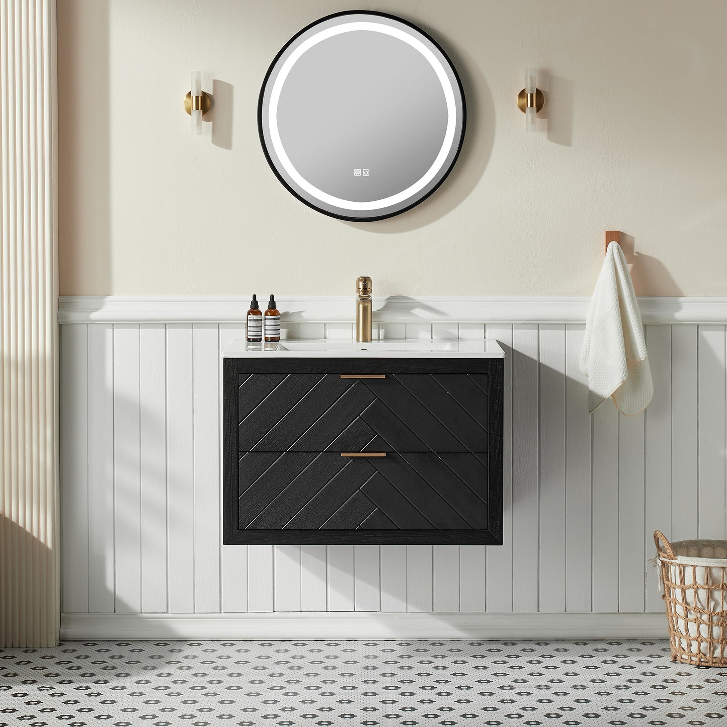 30' Black Wall Mounted & Floating Single Vanity with Ceramic Sink
