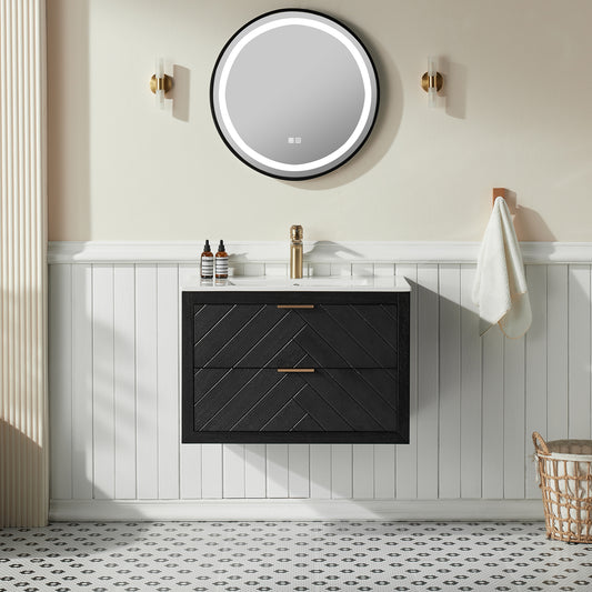 30' Black Wall Mounted & Floating Single Vanity with Ceramic Sink