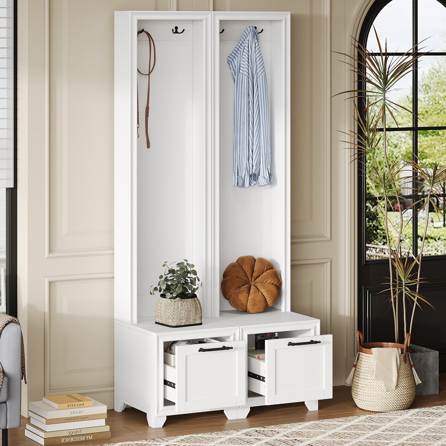 ON-TREND Elegant Free Standing Hall Tree Set of 2, Multifunctional 3-IN-1 Entryway Coat Rack with Black Retro Handles, Seating Bench with Storage Drawers for Hallway, Living Room, White, 31.4'W*70.8'H