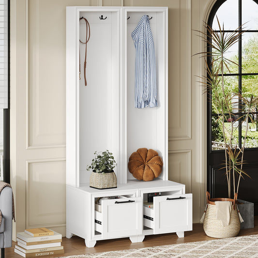 ON-TREND Elegant Free Standing Hall Tree Set of 2, Multifunctional 3-IN-1 Entryway Coat Rack with Black Retro Handles, Seating Bench with Storage Drawers for Hallway, Living Room, White, 31.4'W*70.8'H
