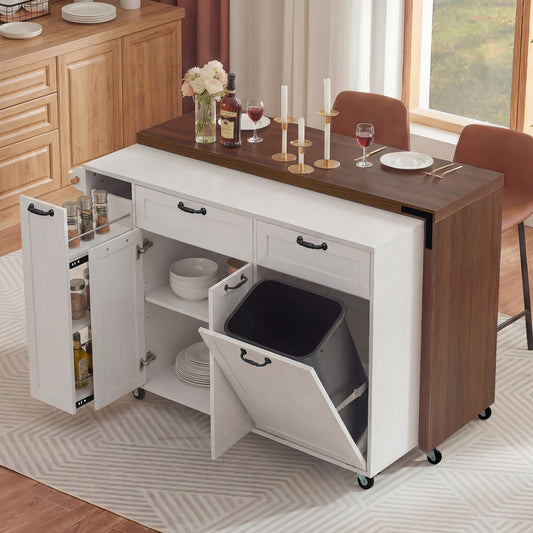 K&K 102.3' Kitchen Island with Extendable Dining Table, Kitchen Rolling Island Cart with Trash Storage Cabinet, 3-Tier Pull-Out Spice Rack, Mobile Island Table on Wheels for Kitchen, Dining Room,White