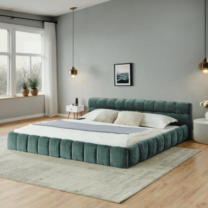 California King size Upholstered Bed Frame with Thick Fabric, Chenille Fabric Grounded California King Platform Bed with Headboard and Solid Frame. No Box Spring Needed-Blue Green-(90.5''*80.5''*31'')