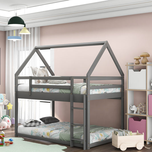 Gray Twin over Twin Low Bunk Bed with House-Shaped Frame and Ladder, Pine Wood and MDF Construction, 77.3''L x 41.6''W x 70.8''H