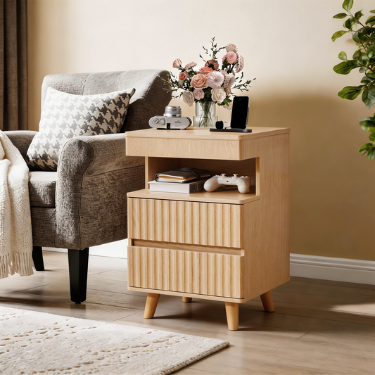 Modern Bedside Table with Gun Drawer,Bedside Table with Charging Station, 2 Drawers and Open Shelf,Side Table for Bedroom(Oak)