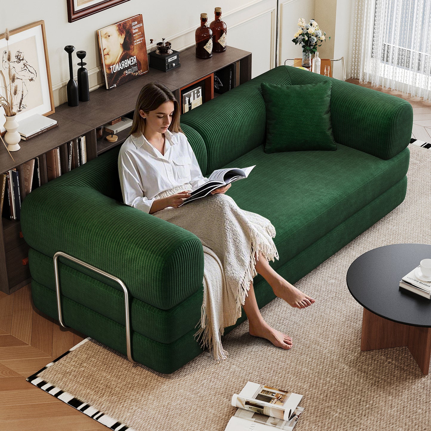 78.8' Compression Sofa,Convertible Floor Sofa Bed-with Pillow Back Support Armrest,Comfy Futon Couch Sleeper Bed,Loveseats Boneless Modular Sectional Sofa,Corduroy fabric,for Living Room,Bedroom,Green