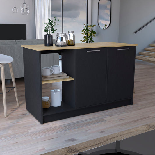 Juniper Kitchen Island with Large Top Surface, Double Door Cabinet, and Open Shelves