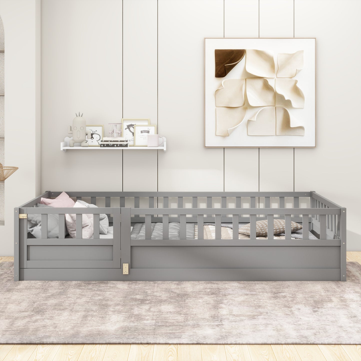 Twin Size Floor bed, integral construction with super high security barrier, door, children's floor bed frame, Montessori wooden children's floor bed, Support slat Grey(Patented model)