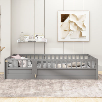 Twin Size Floor bed, integral construction with super high security barrier, door, children's floor bed frame, Montessori wooden children's floor bed, Support slat Grey(Patented model)