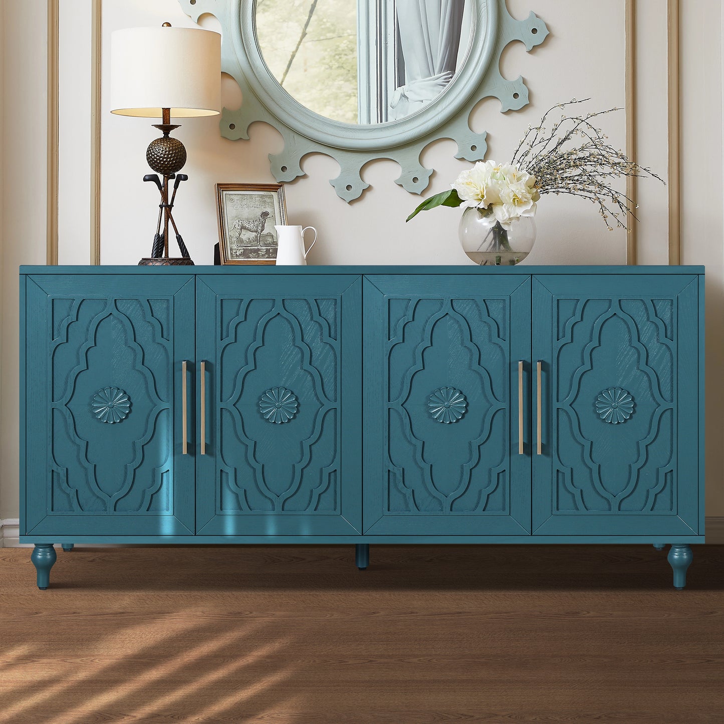 63'' Large Storage Cabinet with Metal Handle, Carved Flower Doors, Wooden Mordern Sideboard Console with Adjustable Shelves for Living Room, Kitchen, Entryway(Navy Blue)