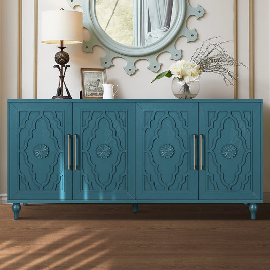 63'' Large Storage Cabinet with Metal Handle, Carved Flower Doors, Wooden Mordern Sideboard Console with Adjustable Shelves for Living Room, Kitchen, Entryway(Navy Blue)