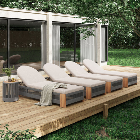 Outdoor Rope Chaise Lounge  Set , Patio Lounge Chairs, Outside Poolside Lounge Furniture, Teak look wood Side Table and Beige Cushions, Chaise Lounge with Adjustable Backrest( Grey rope)