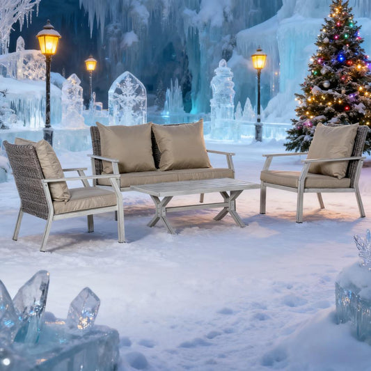 Beige  Outdoor Wicker Conversation Sofa Sets 4 Pieces Set with Cushions for Backyard, Poolside, Garden
