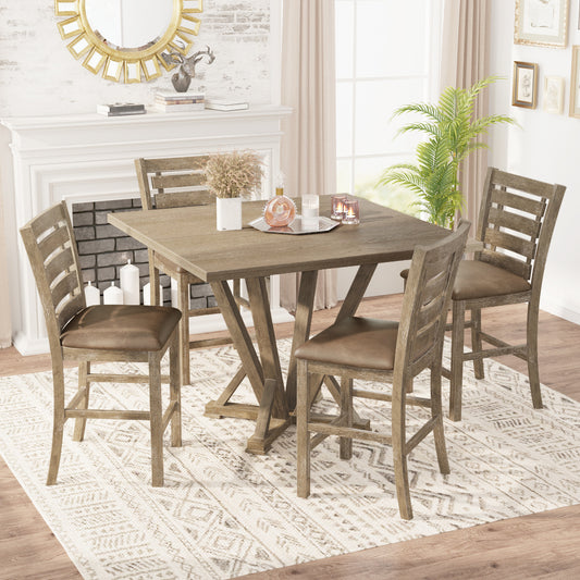 [5-Piece Counter Height Dining Set] Solid Wood Square Table with 4 Chairs, Rustic Farmhouse Style, Upholstered Seats