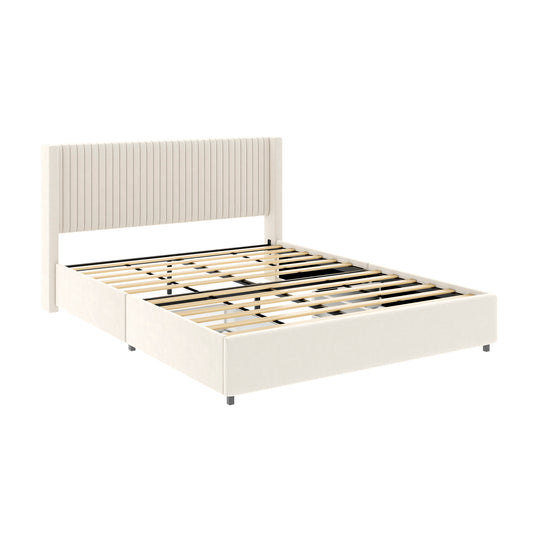 Anna Patented 2-Drawer Storage Bed Queen Size Ivory Velvet Upholstered Wingback Platform Bed with Channel Tufted Headboard