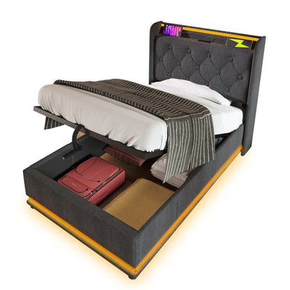 Twin size Upholstered bed, 360 surround LED function, Buttons/Apps/Remote Control, hydraulic storage bed with USB Type-C charging, Gray, Linen (Without mattress)