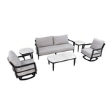 Outdoor Conversation Set with 360° Swivel Chairs, Bench Sofa, Marble-Inspired Stone Tables, Ember Black Aluminum Frame & Cast Silver Sunbrella Cushions