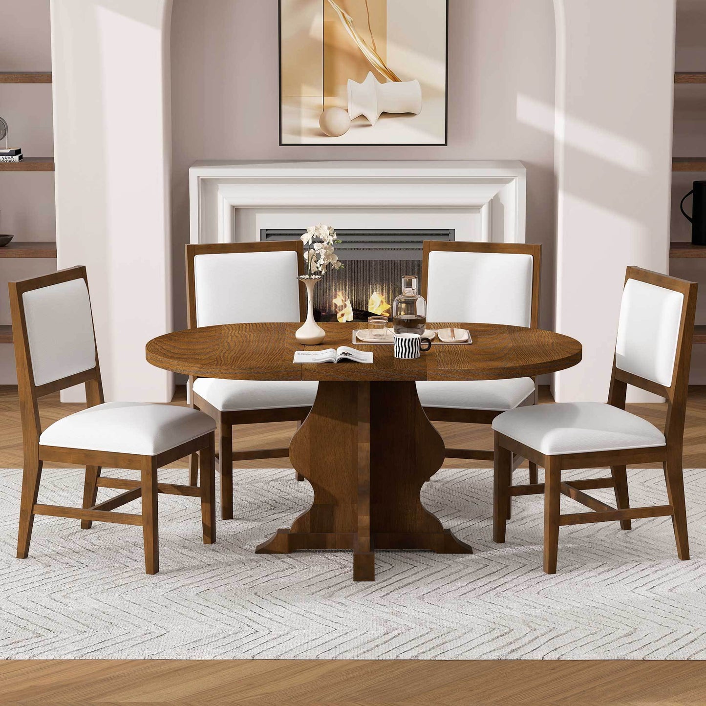 TREXM Farmhouse 5-Piece Dining Table Set with 4 Upholstered Chairs, Wood Extendable Dining Table with 15.7' Leaf for Extra Seating for Dining Room, Kitchen and Living Room (Brown)