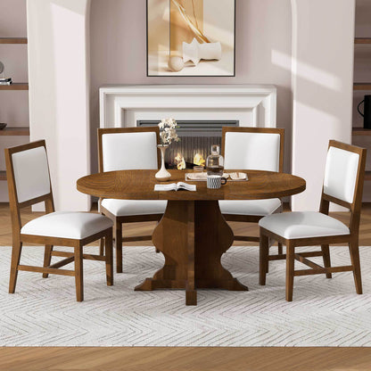 TREXM Farmhouse 5-Piece Dining Table Set with 4 Upholstered Chairs, Wood Extendable Dining Table with 15.7' Leaf for Extra Seating for Dining Room, Kitchen and Living Room (Brown)