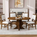 TREXM Farmhouse 5-Piece Dining Table Set with 4 Upholstered Chairs, Wood Extendable Dining Table with 15.7' Leaf for Extra Seating for Dining Room, Kitchen and Living Room (Brown)