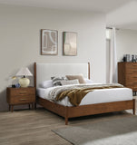 Walnut Color 3pc Bedroom Set Full Size Bed 2x Nightstands Beige Upholstered Fabric Panel HB Mid-Century Modern Style