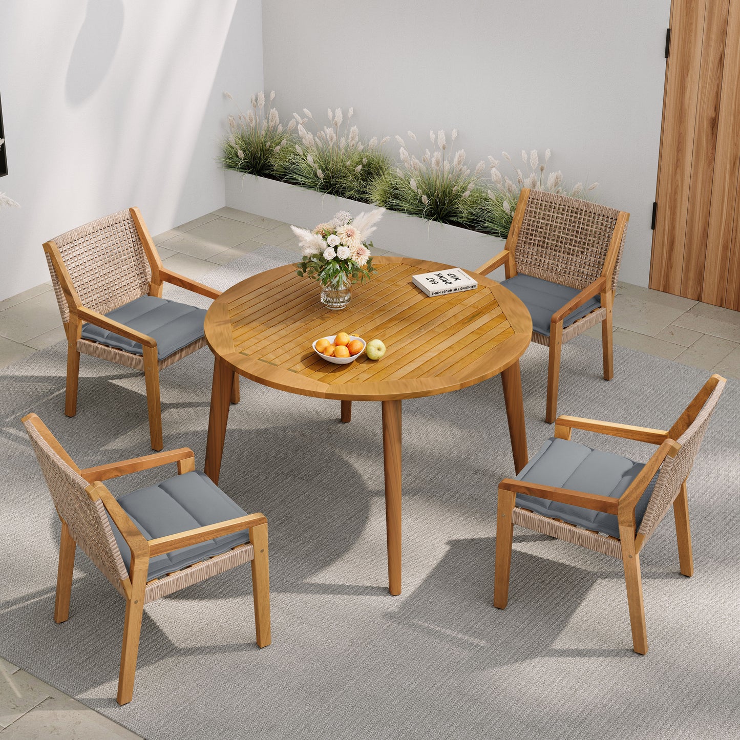Modern 5-Piece Outdoor Dining Set - Acacia Wood Round Table & 4 Wicker Armchairs with Grey Cushions, Teak Finish, 400 lbs Chair Capacity, for Patio, Garden, or Deck