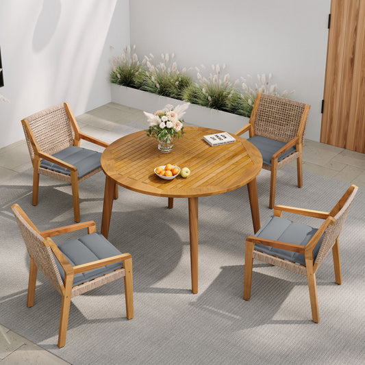 Modern 5-Piece Outdoor Dining Set - Acacia Wood Round Table & 4 Wicker Armchairs with Grey Cushions, Teak Finish, 400 lbs Chair Capacity, for Patio, Garden, or Deck