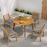 Modern 5-Piece Outdoor Dining Set - Acacia Wood Round Table & 4 Wicker Armchairs with Grey Cushions, Teak Finish, 400 lbs Chair Capacity, for Patio, Garden, or Deck