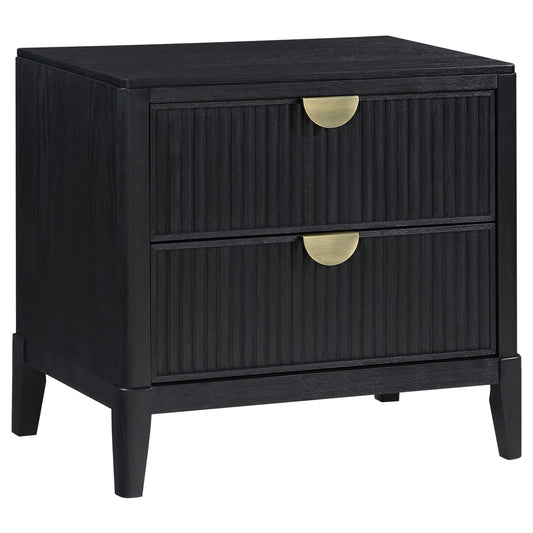 Mason Black 2-Drawer Nightstand with Fluted Design and Golden Metal Handles, Solid Wood and MDF Construction