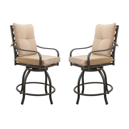 Outdoor Living Swivels Bar Stools, Outdoor Bistro Set for Garden Balcony Backyard Deck, High Bar Chairs with Seat & Back Cushion,Khaki(2 Chairs)